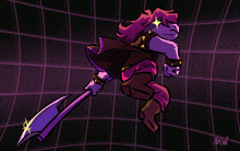 a cartoon drawing of a girl holding a large axe with mw written on the bottom right