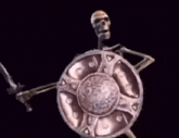 a skeleton is holding a shield with a skull on it .