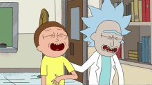 a cartoon of rick and morty standing next to each other in a library