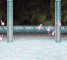 a video game scene with a pool of water and a few pillars
