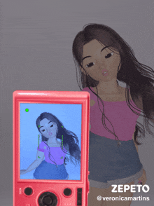 a pink camera with a picture of a girl and the name zepeto on the bottom