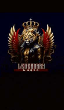 a picture of a lion with a crown and the words legendary music below it