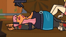 a cartoon of a woman laying on the floor with a letter c on her belt
