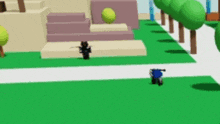 a cartoon character is standing in a park with trees and a giant explosion in the background .