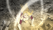 a girl with blonde hair and white armor is kneeling on the ground