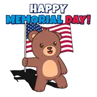 a teddy bear is holding an american flag and the words happy memorial day are above him