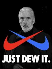 a man with a beard stands in front of a nike logo and the words just dew it