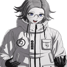 a black and white drawing of a person wearing a jacket that says hbdd
