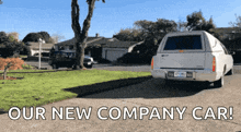 a funeral car is parked on the side of the road with the words " our new company car " below it