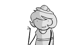 a black and white drawing of a woman with a hat and a cane