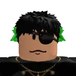 a roblox character wearing a black shirt , a gold chain , and a black eye patch .