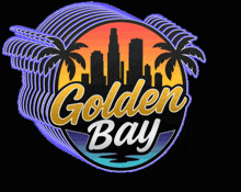 a golden bay logo with palm trees and a city skyline in the background