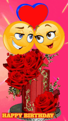 a happy birthday card with two smiley faces holding a heart and roses