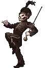 a pixel art of a skeleton holding a violin and a sword .