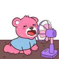 a cartoon of a pink teddy bear sitting in front of a purple fan