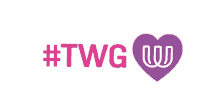 a pink and purple logo for twg with a purple heart