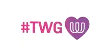 a pink and purple logo for twg with a purple heart
