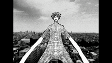 a black and white drawing of a person with long arms standing in front of a city