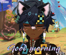 a picture of a girl with cat ears and the words good morning on the bottom