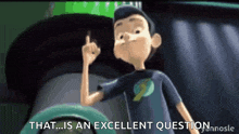 a cartoon boy is pointing up and says that is an excellent question .