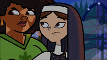 two cartoon characters are standing next to each other and one of them has a green shirt on