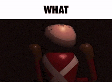 a toy soldier is hanging from a string with the word what above it .