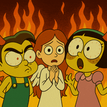 three cartoon characters are standing in front of a burning fire