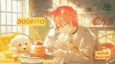 a poster for dogkito shows a boy sitting at a table with a dog