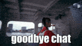 a woman in a red shirt says goodbye chat