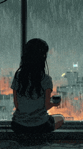 a girl sits on a window sill holding a cup of coffee