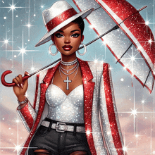 a woman holding an umbrella with a cross necklace