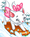 a pixel art illustration of a white cat with a pink bow on its head riding a sled down a snowy hill .