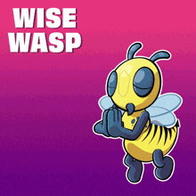 a wise wasp on a pink background with a purple border