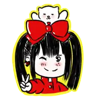 a drawing of a girl with a red bow and a white cat on her head