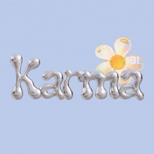 the word karma is written in silver and has a flower in the background