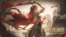 a woman with long red hair is holding a sword and the words by my blade are above her
