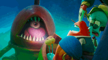 a group of cartoon characters are standing in front of a shark