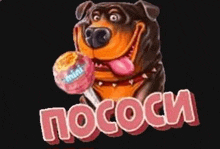 a cartoon dog is licking a lollipop on a black background .