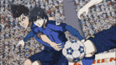 a couple of soccer players are playing a game of soccer on a field .