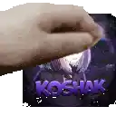 a hand is holding a purple sticker that says koshak on it .