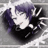 a girl with purple hair is wearing a headband and gloves .
