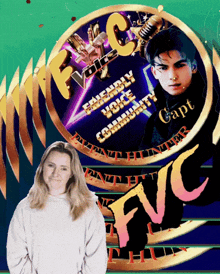 a woman stands in front of a flyer for the friendly voice community
