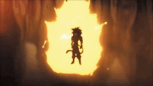 a silhouette of a person standing in front of a fire .