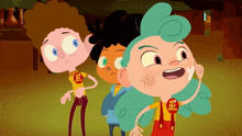 a group of cartoon characters with one wearing a yellow shirt that says " i spy campers "