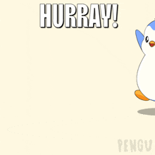 a blue and white penguin with hurray written on the bottom