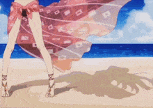 a drawing of a woman standing on a beach wearing a sarong