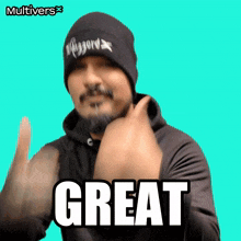 a man wearing a beanie giving a thumbs up and says great