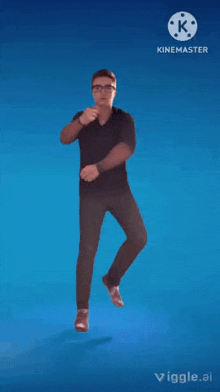 a man is dancing in front of a blue background with a kinemaster logo in the corner