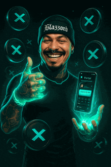 a man wearing a beanie that says glazord holds a phone in his hands
