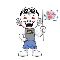 a cartoon character holding a flag that says call me on it